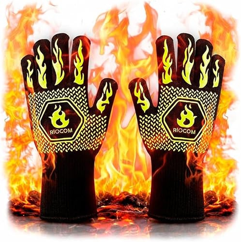 RIOGOM® Guantes Barbacoa y Cocina Leña 800 °C Resistentes al Calor Altas Temperaturas | Guantes Horno Profesional e Ignífugos Chimenea | Tallas L y XL | BBQ Accessories Antideslizantes (M/L)