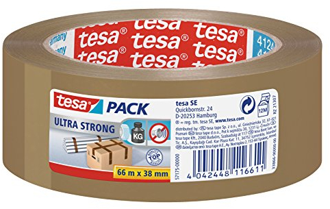 tesapack Ultra Strong - PVC-Klebebänder für festes Verpacken und sicheres Bündeln - Braun - 66 m x 38 mm
