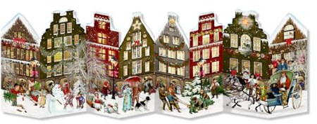 Special Advent Calendar - Free Standing European Christmas Street - Paper Holiday Countdown Calendar - Accordion Fold 84 x 29 Centimeters Unfolded