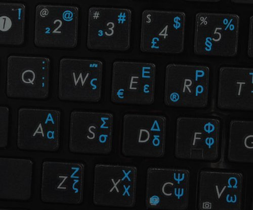 Qwerty Keys Greek Transparent Keyboard Stickers With BLUE Letters – Suitable for ANY Keyboard