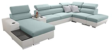 All4All Ecksofa mit Schlaffunktion Ponti 368 cm x 227 cm - Wohnlandschaft U-Form - Schlafsofa mit Bettkasten - XXL Sofa - Groß - Gewebe mit Kunstleder - Linke Seite - Blau/Weiß - Modern 26