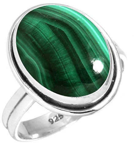 Jeweloporium Grüner Malachit-Silberring, Größe 67 (21,3), 925er Sterlingsilberring für Damen, echter klobiger ovaler Edelstein-Boho-Schmuck
