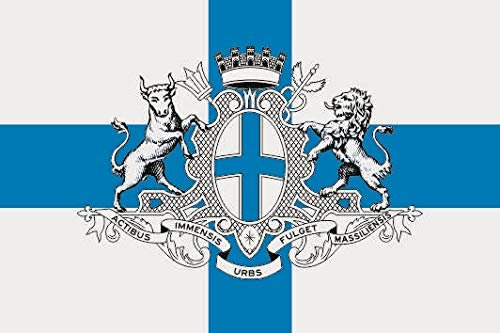U24 Drapeau de Marseille avec armoiries - Qualité supérieure - 20 x 30 cm
