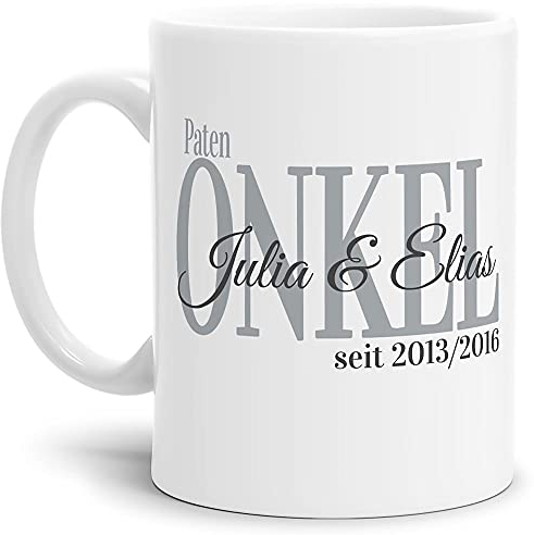 Tasse - Patenonkel seit - zum selbst Gestalten mit Kindernamen und Geburtsjahren - Geschenk für den besten Patenonkel - Keramiktasse, Weiß Matt, 300 ml