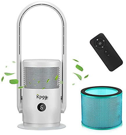 Kpgo Ventilatore da Tavolo Senza Lama con Purificatore d'Aria, Ventilatore a Colonna con Filtro HEPA, Ventilatore Portatile e Silenzioso, Bianco