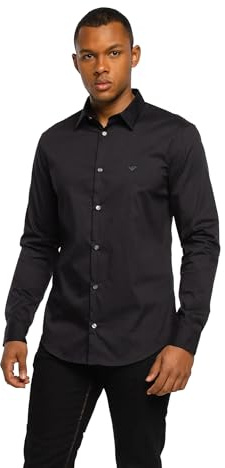 Emporio Armani Herren Kent-Kragen Langarmhemd, Dunkelblau, L, Medium, Slim-Fit, Baumwolle, Kent-Kragen, Einzelmanschette, Dehnbar, Lässig, 8056861941596