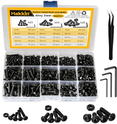 Hakkin 600Pcs Nuts and Bolts M3 M4 M5 Fully Threaded Button Head Hex Socket Screws 10.9 Grade Alloy Steel Pan Head Black Hex Socket Screws Bolts and Nuts Kit Assorted Nut and Bolt Kit with 3 Wrench