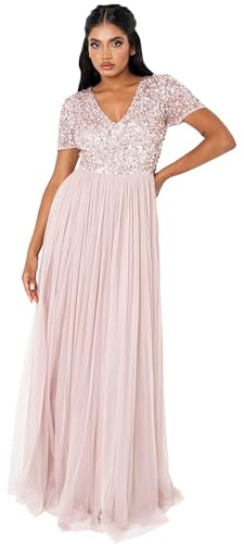 Damen Ballkleid Abendkleid V-Ausschnitt Maxi Länge Pailletten Kurze Ärmel für Hochzeit Geburtstag Brautjungfer