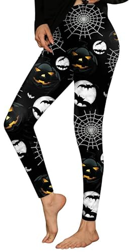 Spadehill Lustige Halloween-Leggings für Damen, Spinnennetze und Kürbis-Schwarz, Klein