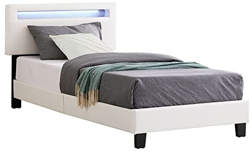 CARO-Möbel Polsterbett Benito 90x200 cm mit LED Beleuchtung, modernes Einzelbett mit verstellbarem Kopfteil, Jugendbett mit Bezug aus Lederimitat in weiß