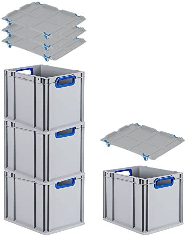 PROREGAL SuperSparSet 4x Eurobox NextGen Color mit Auflagedeckel & Schiebeschnappverschlüsse, HxBxT 32x30x40cm, 30L, Griffe blau offen, Glatter Boden, Eurobehälter Transportbox Transportbehälter