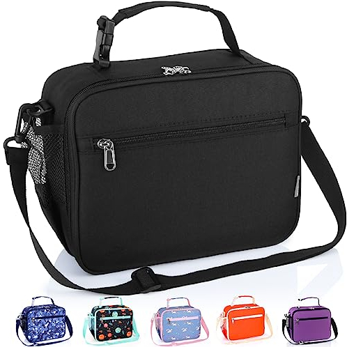 Homtibrm Insulated Lunch Bag, Kids Thermal Cool Bag with Adjustable Strap, Waterproof Lunch Box Bag for Adults Kids Boys Girls Work School Picnic (Black)