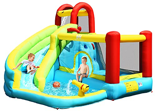 GOPLUS Aufblasbare Hüpfburg, Wasserpark mit Rutsche, Planschbecken, Kletterwand, Basketballkorb & Wasserkanone, für Kinder von 3-10 Jahren, 325×310×225 cm (Modell 2, Ohne Gebläse)