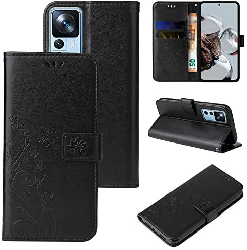 LBH Handy Hülle für Xiaomi 12T / 12T Pro Case Handytasche Schmetterling Blumen Flower Standfunktion Schutzhülle Magnet Rundum Schutz 360 Grad Flipcase Cover Schwarz