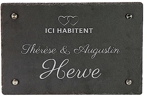 LAUBLUST Plaque porte en ardoise personnalisée - Motif Cœurs - Plaque d'entrée & plaque de maison avec nom de famille | 3 tailles, 4 supports muraux en acier inoxydable