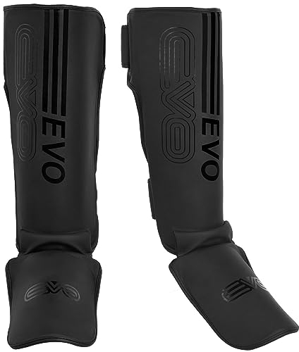 EVO Fitness Matte Black Shin Instep Guards Kickboxing Muay Thai MMA Training Pads Foam Protection Leg Foot Protector for Martial Arts Sparring Boxing Gear (S, Black)