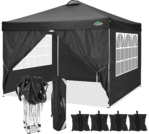 COBIZI faltpavillon 3x3,pavillon 3x3 wasserdicht stabil Winterfest,mit 4 Seitenteilen,4 Sandsäcke und Entlüftung,UV Schutz 50+,pop up pavillons faltbar partyzelt 3x3m für Outdoor Garten(Schwarz