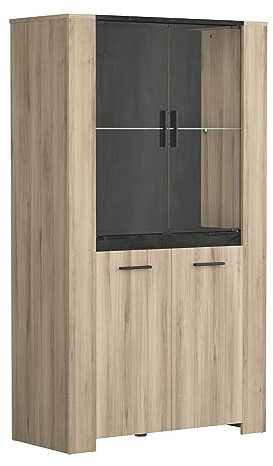 Vaisselier Vitrine Industriel En Bois 2 Portes Vitrées & 2 Portes – Coloris Chêne et Gris Foncé Martelé - 99,8x43,3x73,8 cm