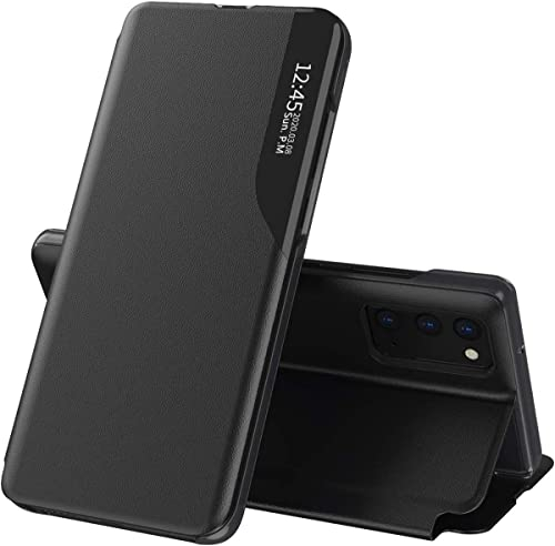 TEYYOS Smart View Hülle für Xiaomi 13T/Xiaomi 13T Pro, Premium Leder Schutzhülle mit Sichtfenster Fenster, Stilvoll Spiegel Handyhülle mit Flip Klappbarer Ständer - Schwarz