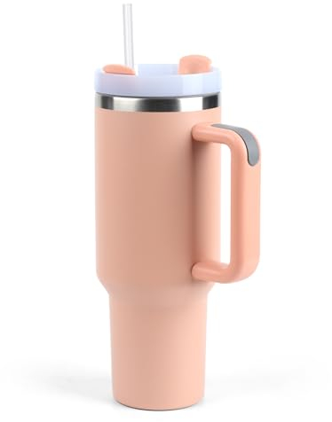 VIGIND 40oz Travel Coffee Tumbler – Stainless Steel Insulated Tumbler Mug for Hot & Cold Drinks, Metal Water Bottle with Straw, Handle & Swivel Lid (Rosered)