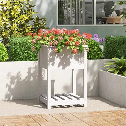 Higsose Jardinière avec Etagère Blanc 54x54x81 cm Bois Massif de Pin Jardiniere Bois Jardiniere Interieur Jardiniere Exterieur Jardiniere Haute Jardiniere Balcon Jardiniere sur Pieds