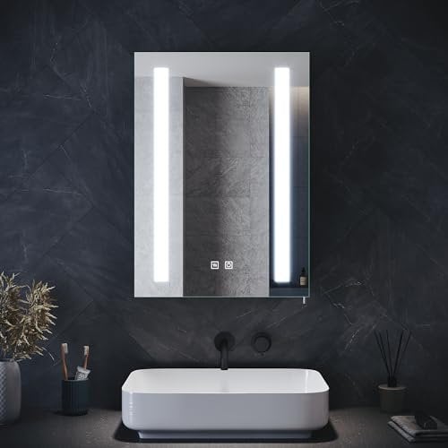 ELEGANT Illuminated Bathroom Cabinet with Shaver Socket, Built-in LED Light Strip, Demister Pad, Slow Close Hinge, Adjustable Shelves - 500 x 700mm Black Mirrored Bathroom Storage Cabinet