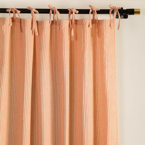 THE ART BOX Gauze Striped Curtains, Boho Linen Gauze Tie Top Hanging Curtains Light Filtering Door Window Treatment 2 Panel Drapes for Living Room Home Décor Orange (72x42 Each Panel)