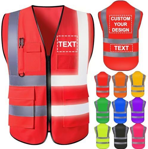 Nevaou Sicherheitsweste für Herren, personalisierbar, mit Logo, reflektierende Warnwesten, mit Taschen und Reißverschluss, Arbeitskleidung, Schutz im Freien, rot, XL-6XL