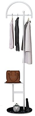 Floor-Standing Drying Rack with Round Marble Base and Metal Shelf,Single-Rod Display Stand for Coats,Bags,Green Plants (White)