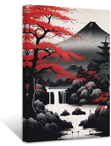 ZXHYWYM Japanische Leinwandbilder rote und schwarze Kirschbäume Mt.Fuji Pagode Malerei japanische Landschaft Poster Drucke Japan Themen Kunstwerk Wanddekoration (Bild-1, (70.00 x 105.00 cms))
