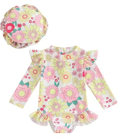 Maillot de Bain Bébé Fille Anti-UV Combinaison de Natation à Volants Manches Longues Imprimé Arc-en-Ciel pour Piscine Plage Sport Vacances Swimwear (Jaune, 2-3 Years)
