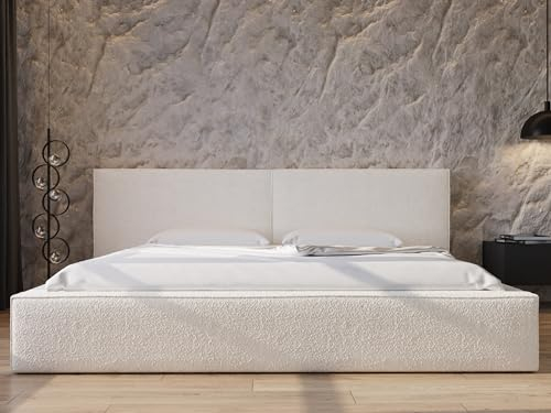 mb-moebel MOEBLO Polsterbett aus Boucle Bett aus Bouclé mit Kopfstütze Rahmenbettgestell mit Bettkasten und Lattenrost Doppelbett Stauraumbett Bett 06 (Weiß (Anthology 1), 140x200 cm)
