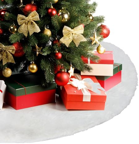 Weihnachtsbaum Decke, EDWINENE 36 Zoll Weiß Plüsch Tannenbaum Decke, Runde Kunstfell Christbaumdecke Teppich Weihnachtsschmuck für Weihnachten Baum Rock Deko(White fur)