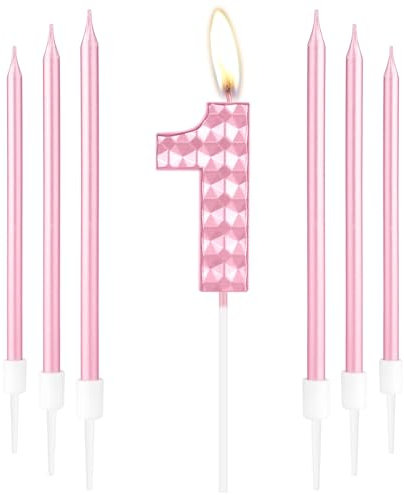 Pink First Birthday Candles, Girls 1st Birthday Decorations, Pink 3D Number 1 Candles, Pink Long Candle, Pink Candle Cake Topper for Girls Kids Women Birthday Party Wedding Anniversary Supplies