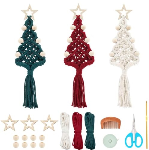 PLIGREAT 3 Sets DIY Makramee Weihnachtsbaum Kit Makramee Ornamente für Weihnachtsbaum Perlen Makramee Weihnachtsbaum Bastelset mit Anleitung für Weihnachtsbaum Wandbehang