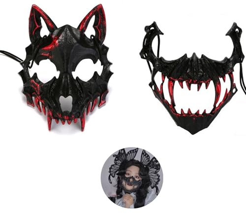 zhongguoqiaomao Lot de 2 masques de squelette d'animaux pour Halloween - Masque japonais d'Halloween - Masque décoratif - Costume d'Halloween - Nouveauté - Masque d'horreur - Jeu de rôle pour adultes