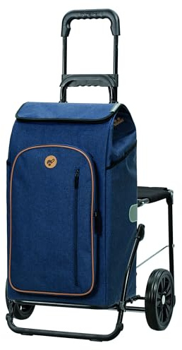Andersen Einkaufstrolley - klappbar - 61 Liter - mit Klappsitz bis 120 kg | mit Kühlfach - belastbar 50 kg - Stahlgestell - Trolley - Komfort Shopper Folke blau