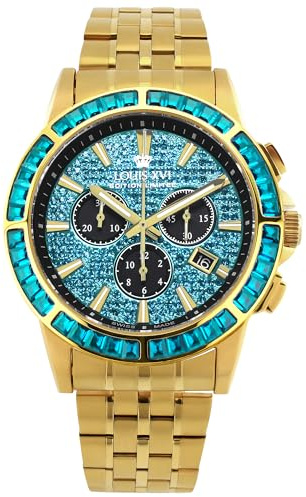 LOUIS XVI Majesté Iced Out 1134 - Ø 43 mm - Herren Uhr - Wasserdicht - Mit Saphirglas - Armband Gold - Zifferblatt CZ-Diamanten Türkis - Schweizer Quarzwerk