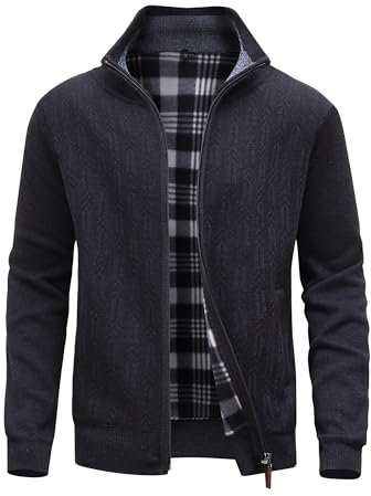 MeiLayM Herren Fleecejacke Strickjacke Cardigans mit Reißverschluss Strickjacke Stehkragen Herbst Winter Cardigan Freizeitjacke Feinstrick Warm Sweatjacke Schwarz,L