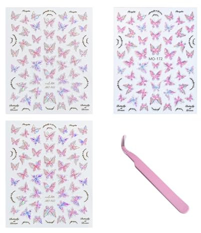3 Butterfly Nail Stickers - Embossed & Shell Light Designs - DIY Nail Art