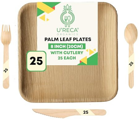 Eco-Friendly Areca Palm Leaf Dining Set | 8 Square Plates (25) + Birchwood Cutlery (Forks, Knives, Spoons - 25 Each) | Total Pack of 100 | Best for Picnics, Outdoor Dining | Heavy-Duty, Compostable