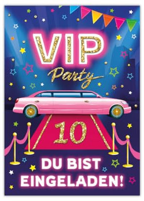 Junaversum 12 Einladungskarten zum 10. Kindergeburtstag Mädchen VIP Disco Mädchengeburtstag Einladungen zehnte Geburtstag Kinder