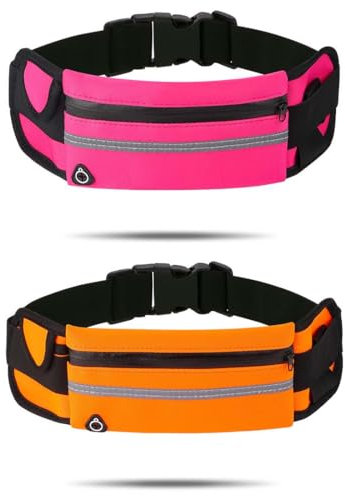 2 ceintures de course pour hommes et femmes, ceinture de course réglable, ceinture de course avec porte-bouteille, sac banane étanche pour le sport, la marche, la course à pied (rose rouge + orange)