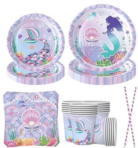 EVYIENEN Lot de 50 serviettes de table de fête au motif de sirène, décoration d'anniversaire, de fête, de table, pailles en papier, accessoires de fête d'anniversaire pour 10 ans