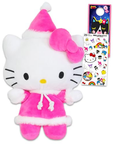 Sanrio Hello Kitty – Ensemble de jouets en peluche de Noël – Ensemble avec Père Noël Hello Kitty en peluche de 25,4 cm et plus d'autocollants | Poupée Hello Kitty en peluche pour enfants et filles
