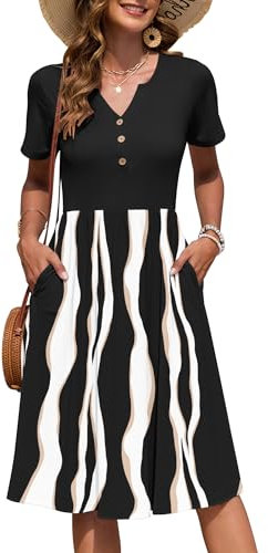 AUSELILY Women's Summer Short Sleeve Midi Dresses V Neck Empire Button Knee Length Dress with Pockets Black Irregular Strip XXL