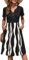 AUSELILY Women's Summer Short Sleeve Midi Dresses V Neck Empire Button Knee Length Dress with Pockets Black Irregular Strip XXL