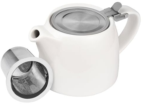 posud Ceramic Teapot with Infuser – Small Porcelain Loose Leaf Teapot for 2 – 550ml / 18.6 Oz Stump Tea Pot for 2 Cups with Strainer (White)