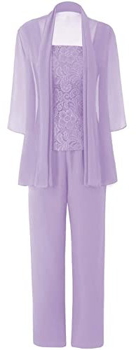 HUINI Damen Abendkleider mit Bolero Lang Spitzen Brautmutterkleid Anzug Dreiteilig Langarm Hochzeit Gast Hosenanzug Flieder 52