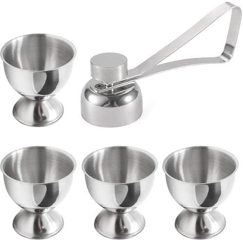 Egg Cup Set, Egg Cups, Egg Cup, Stainless Steel Egg Cup Holder & Double Sided Egg Topper Opener Cracker Great Size Easter Egg Cup, Egg Cup for Soft Boiled Eg(4 Pcs & 1 Egg Opener)